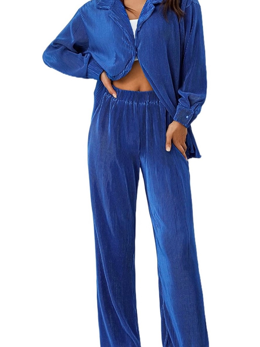 Women's Blue Pleated Button-Front Set